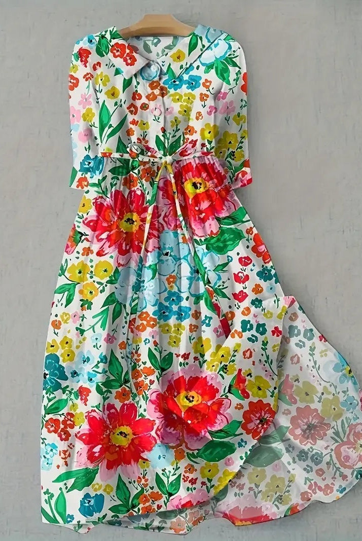 Rocío | Vestido Largo de Verano Floral Mujer Manga Corta Cinturón