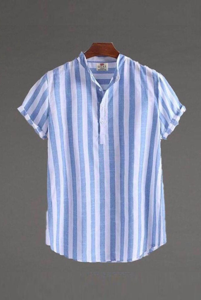 Arnau | Camisa de Lino de Manga Corta Hombre Rayas Cuello Mao