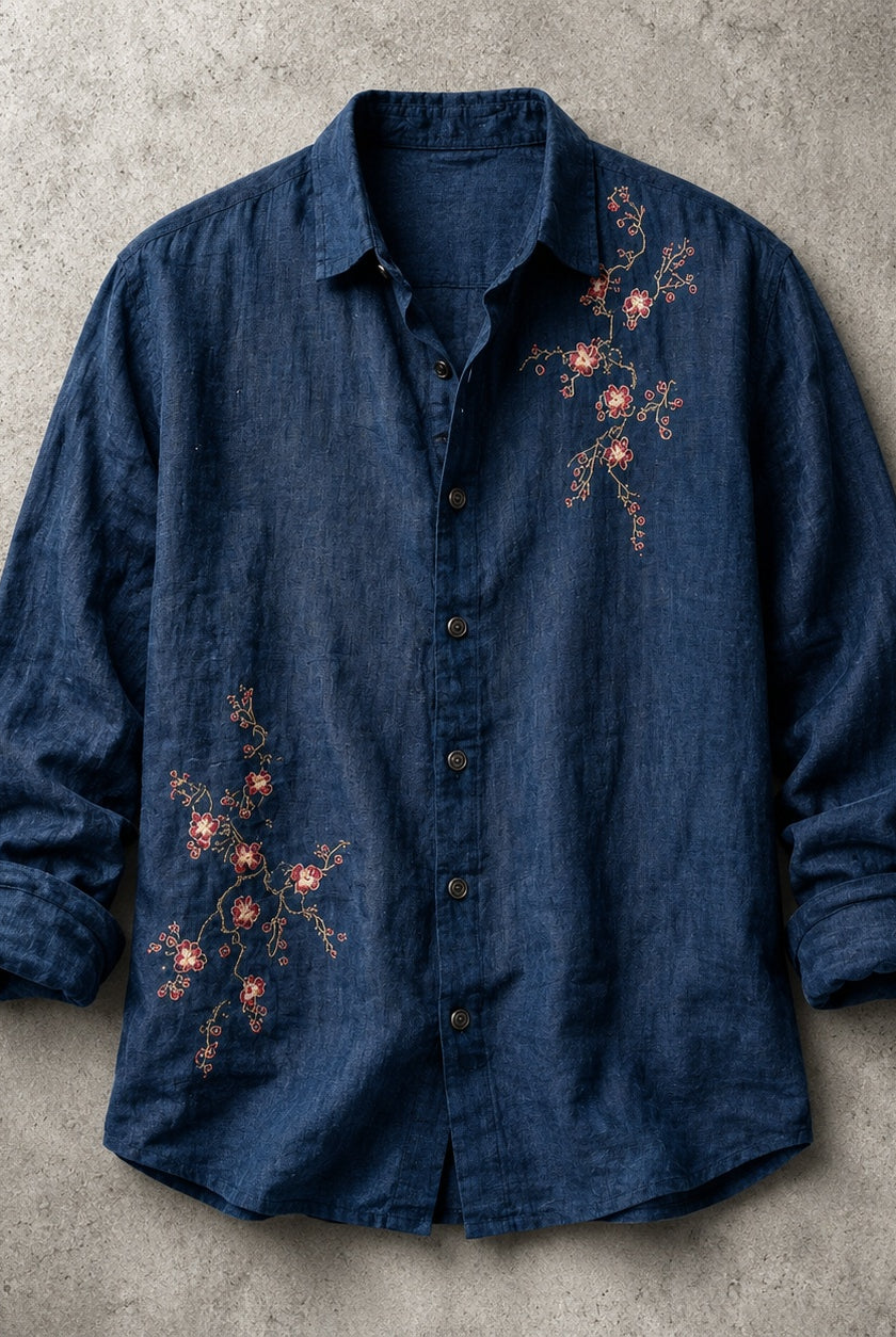 Arnau | Camisa de Lino de Manga Larga Hombre Bordado Floral
