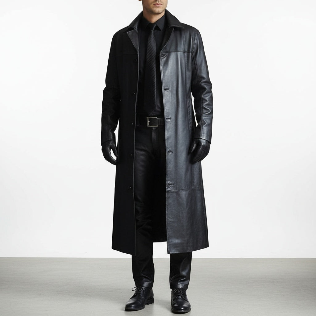 Asier | Chaqueta de Cuero Larga Hombre Cuello Solapa