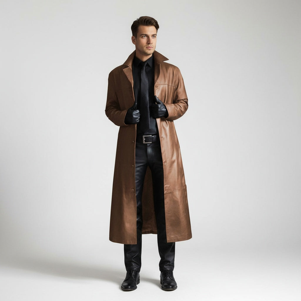 Asier | Chaqueta de Cuero Larga Hombre Cuello Solapa