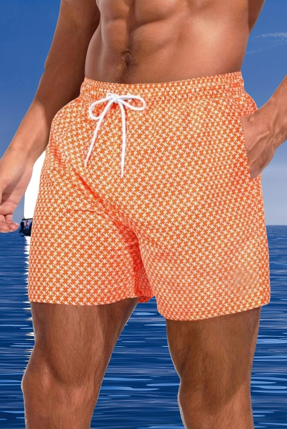 Bañador Corto Estampado Geométrico Hombre Cordón Ajustable