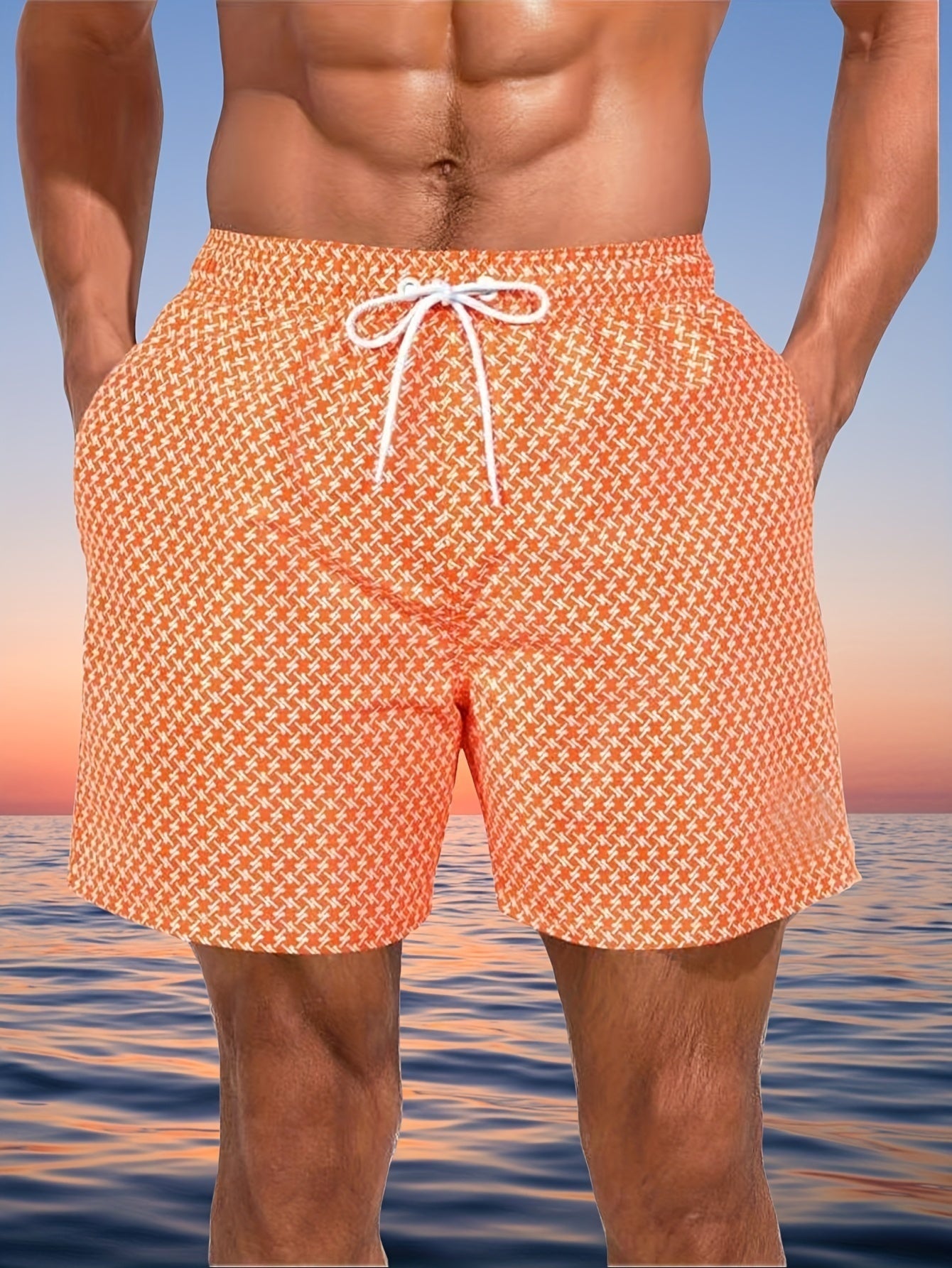 Bañador Corto Estampado Geométrico Hombre Cordón Ajustable