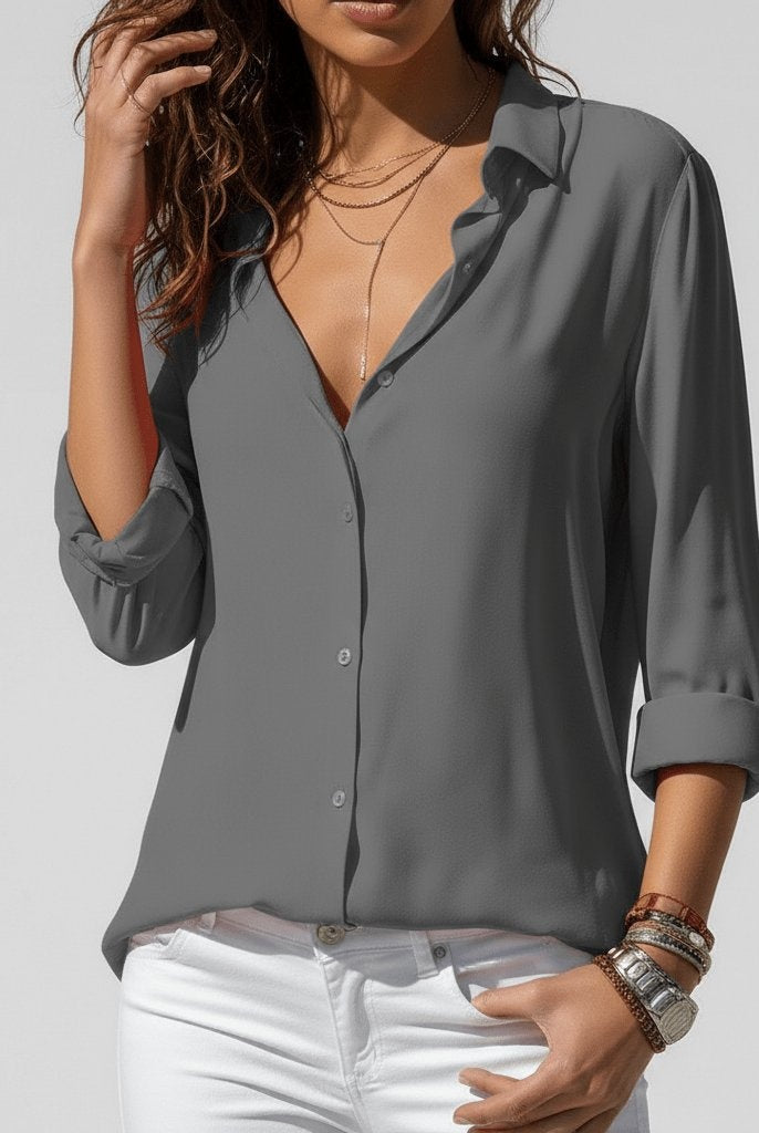 Beatriz | Camisa Blanca de Manga Larga Mujer Botones Cuello Solapa