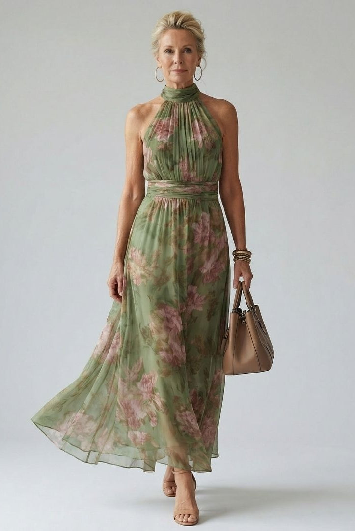 Beatriz | Vestido Midi Halter Estampado Floral Mujer Fruncido