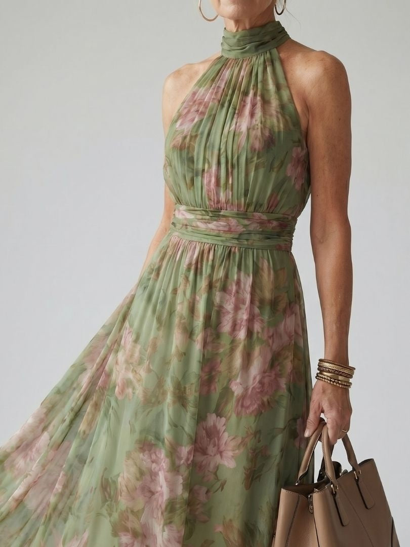Beatriz | Vestido Midi Halter Estampado Floral Mujer Fruncido
