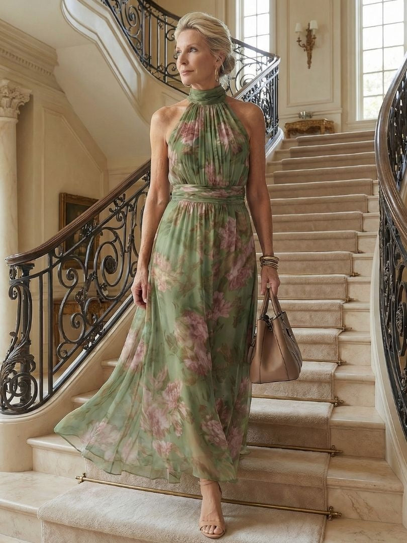 Beatriz | Vestido Midi Halter Estampado Floral Mujer Fruncido