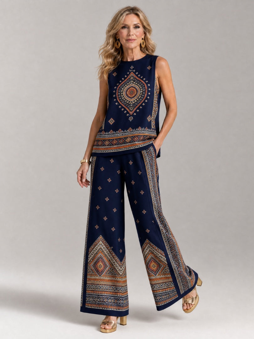 Begoña | Conjunto de Pantalón Palazzo Pierna Ancha Mujer Estampado Étnico Sin Mangas