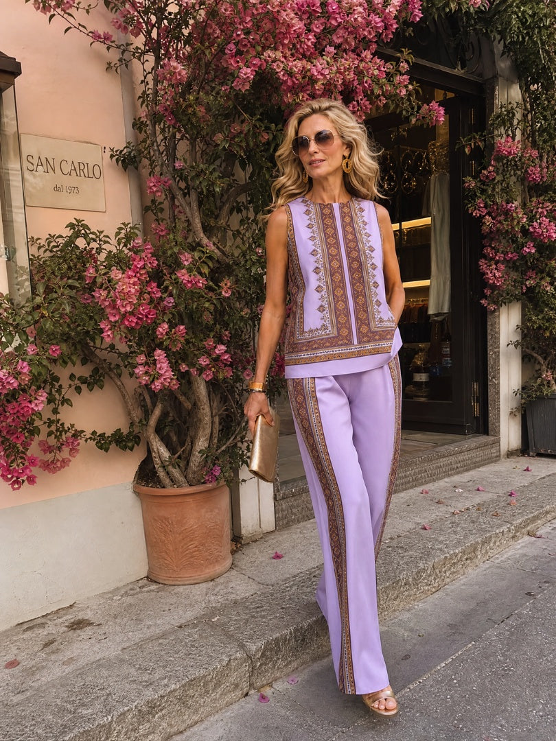 Begoña | Conjunto de Pantalón Palazzo Pierna Ancha Mujer Estampado Étnico Sin Mangas