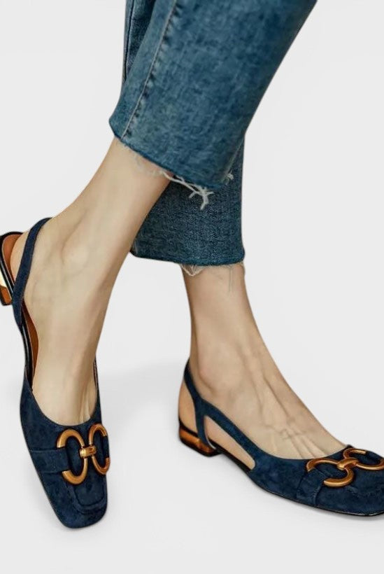 Begoña | Sandalias Slingback de Tacón Bajo Mujer Hebilla Dorada