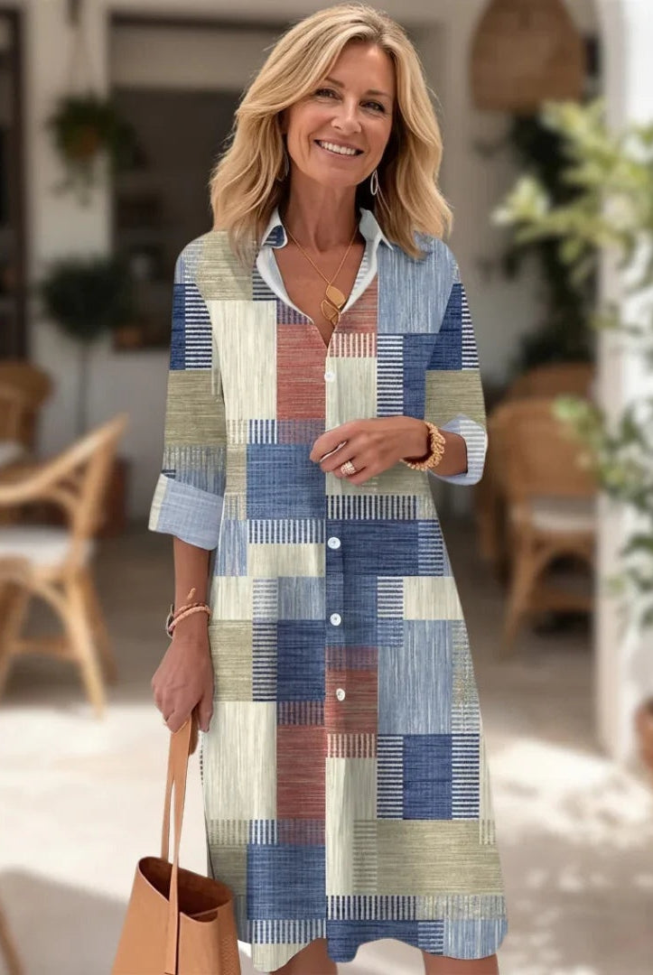 Begoña | Vestido Midi Camisero Estampado Patchwork Mujer Botones