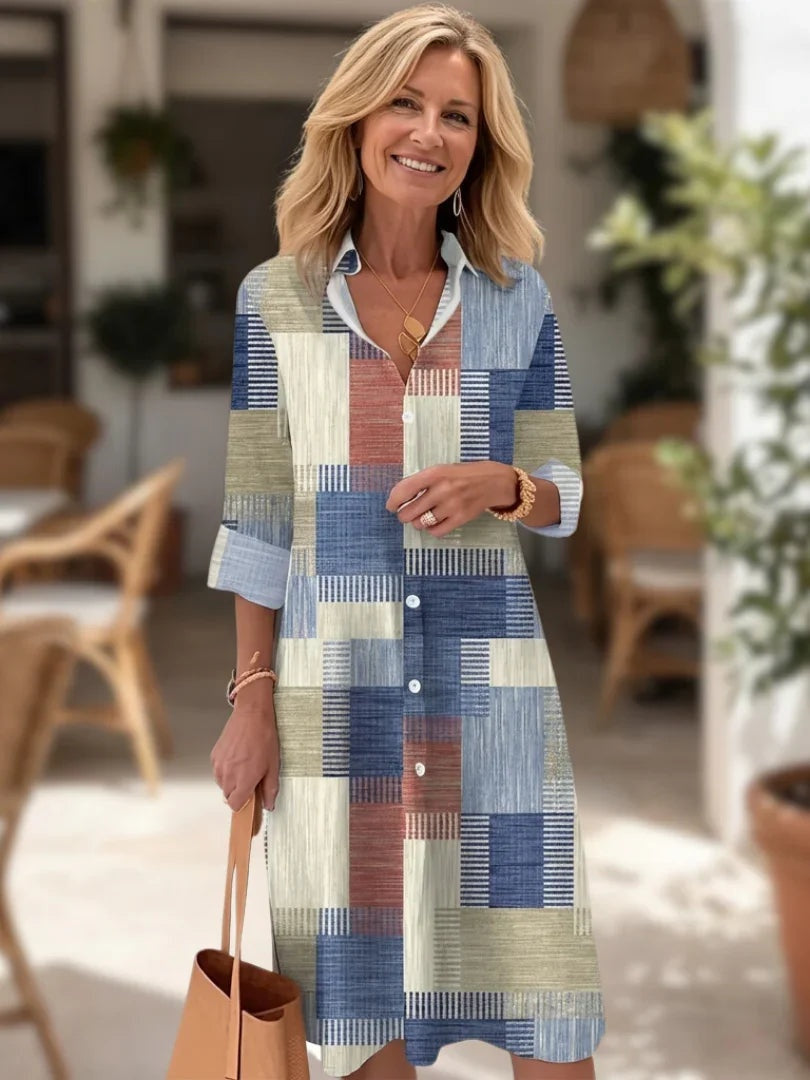 Begoña | Vestido Midi Camisero Estampado Patchwork Mujer Botones