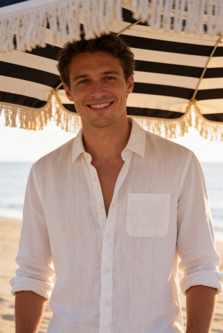 Biel | Camisa Blanca de Lino Hombre Manga Larga Bolsillo