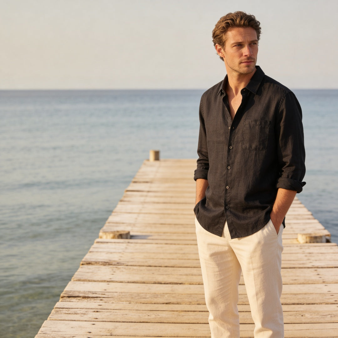 Biel | Camisa Blanca de Lino Hombre Manga Larga Bolsillo