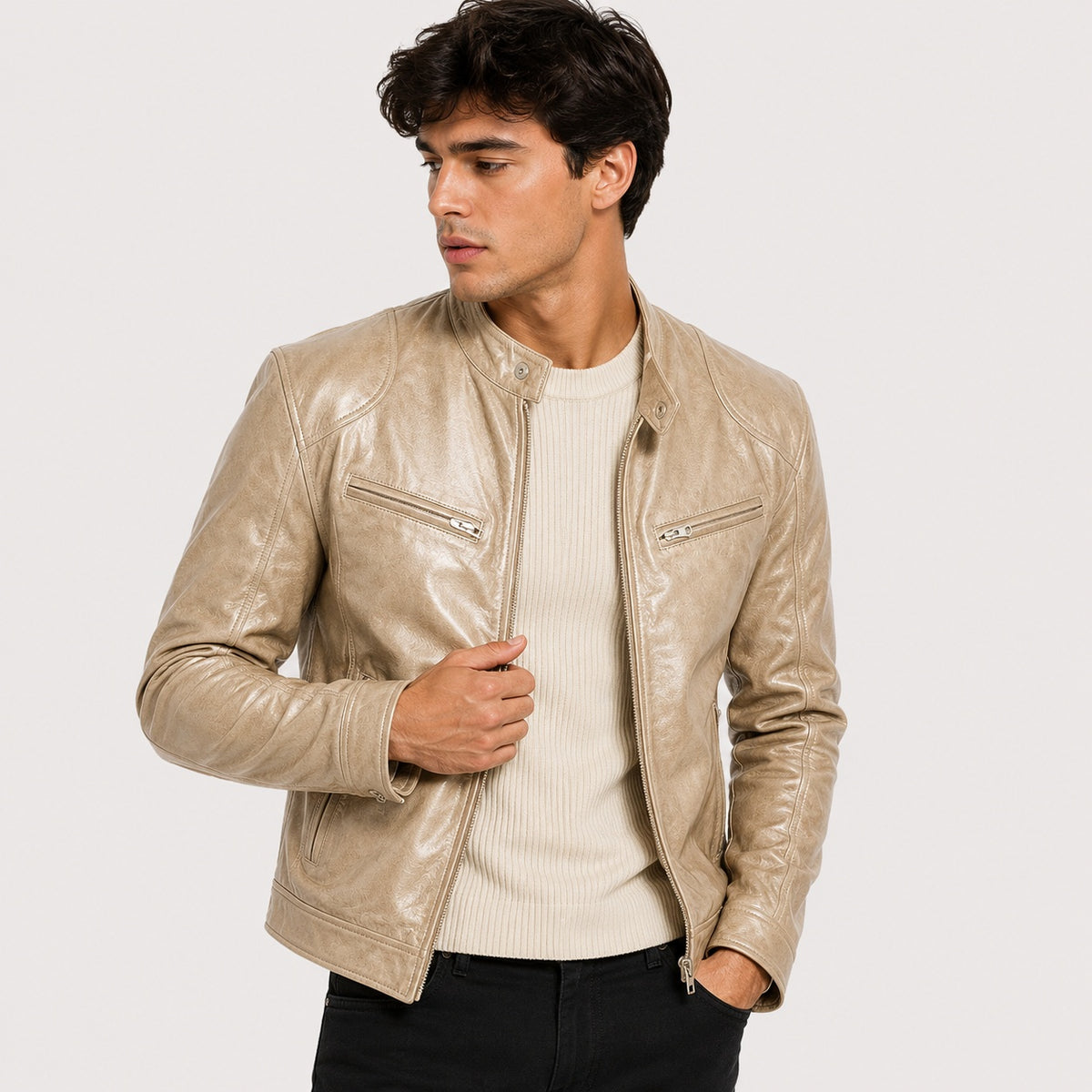 Biel | Cazadora de Cuero Hombre Cuello Mao Cremallera