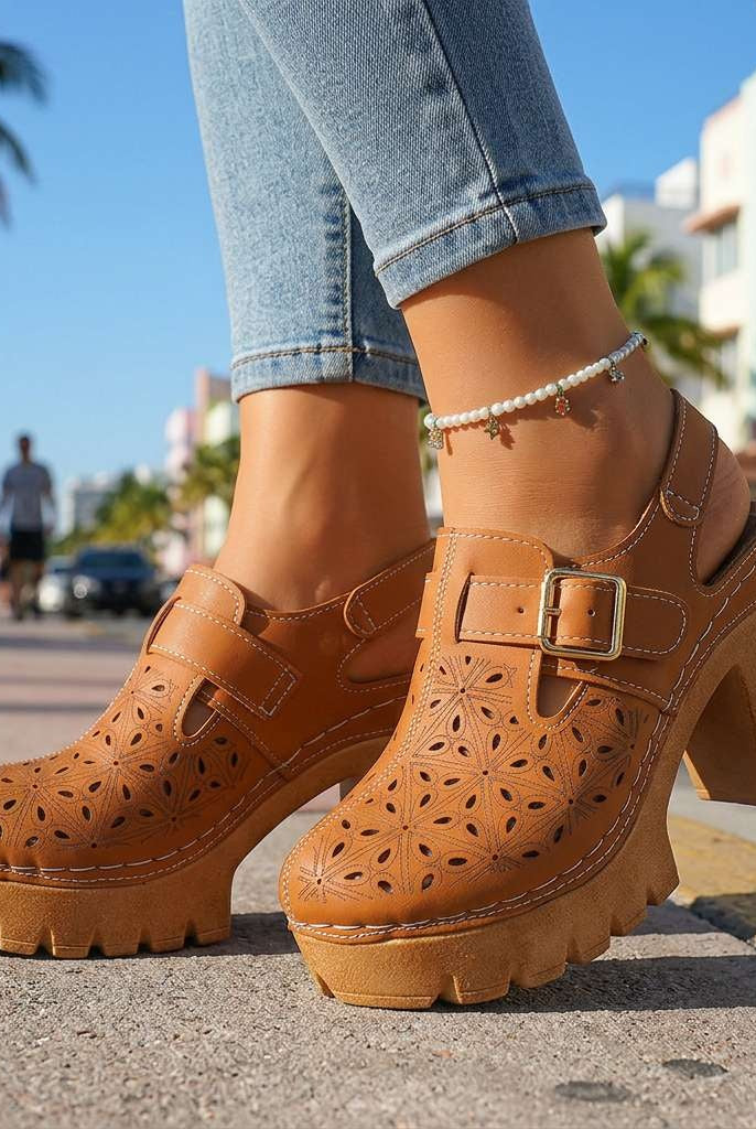 Blanca | Zuecos de Plataforma con Tacón Bloque Mujer Corte Floral Hebilla