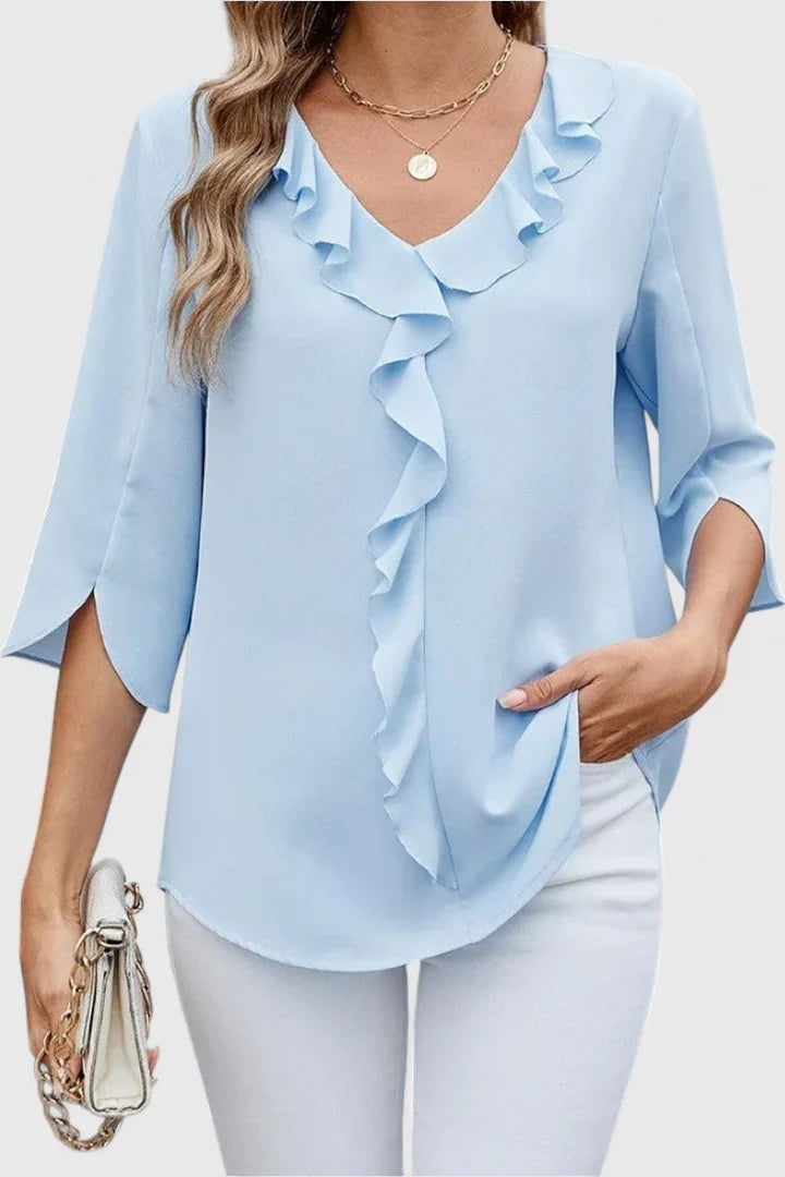 Blusa con Volantes Escote V Mujer Manga Tres Cuartos