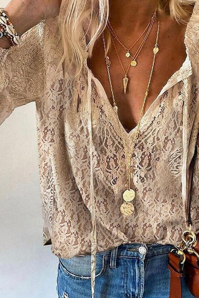 Blusa de Encaje Escote V Mujer Manga Larga