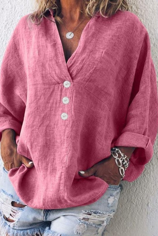 Blusa de Lino con Botones Cuello V Mujer Oversized