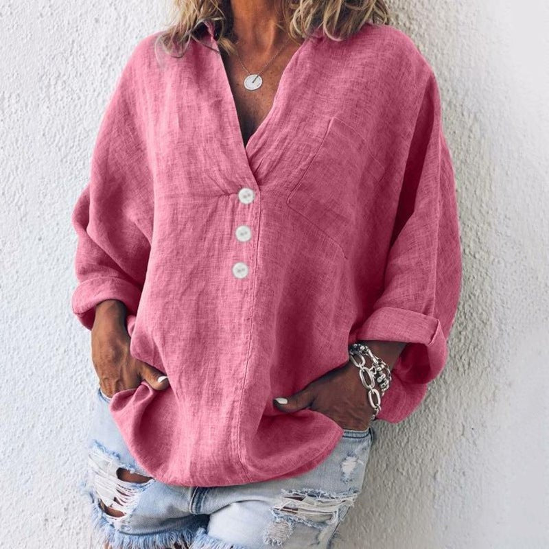 Blusa de Lino con Botones Cuello V Mujer Oversized