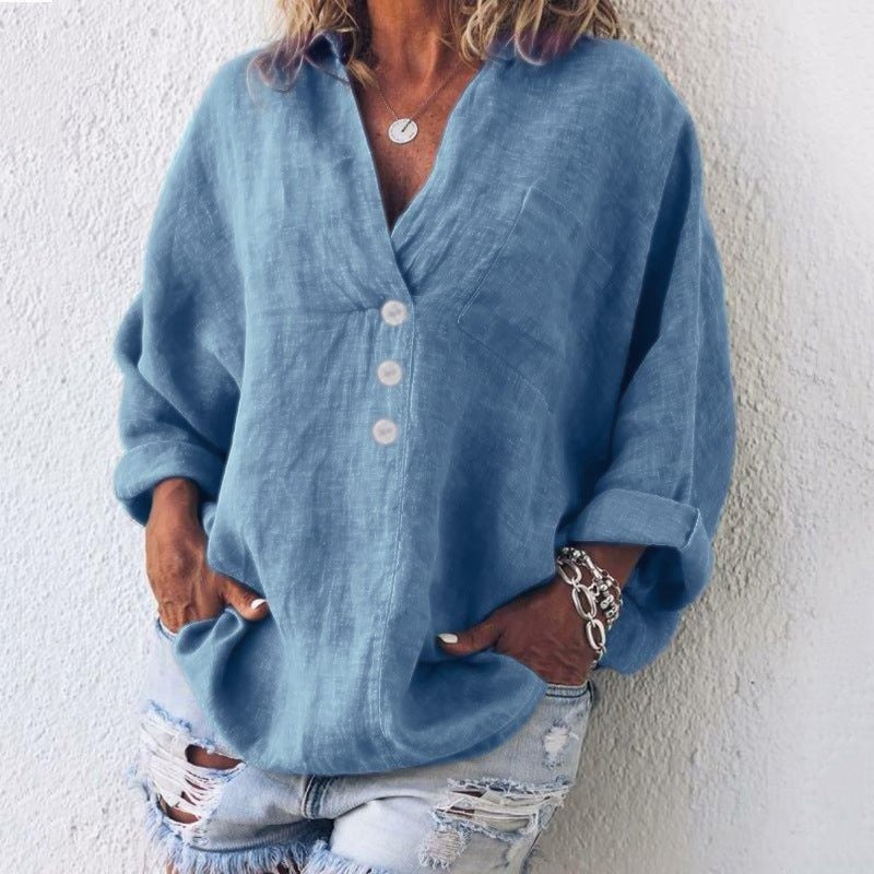 Blusa de Lino con Botones Cuello V Mujer Oversized