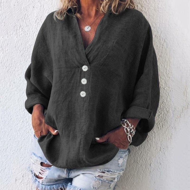 Blusa de Lino con Botones Cuello V Mujer Oversized