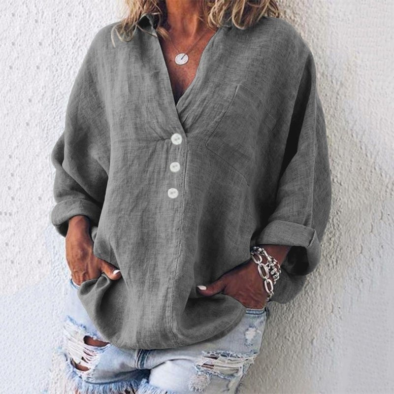 Blusa de Lino con Botones Cuello V Mujer Oversized