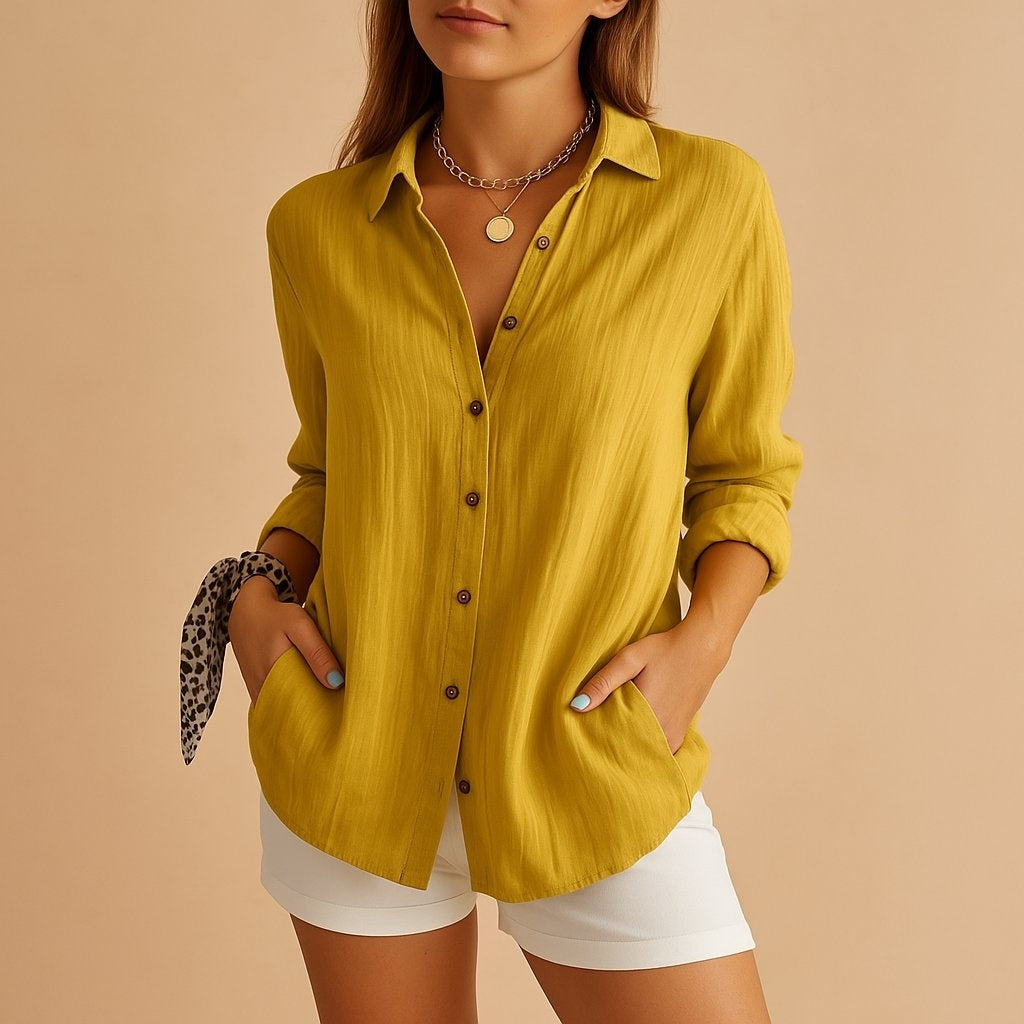 Blusa de Lino de Manga Larga Mujer Botones