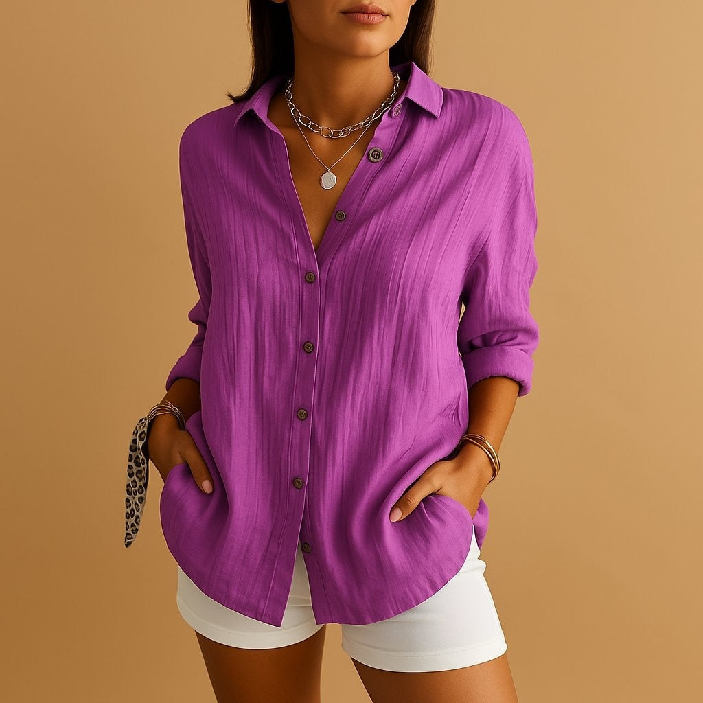 Blusa de Lino de Manga Larga Mujer Botones