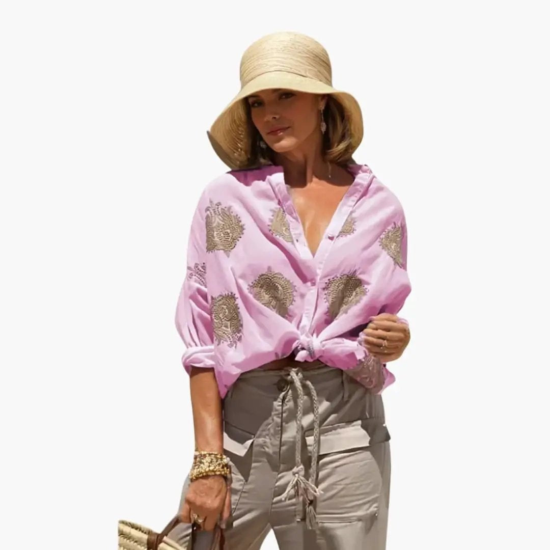 Blusa Estampada de Manga Larga Mujer Escote V