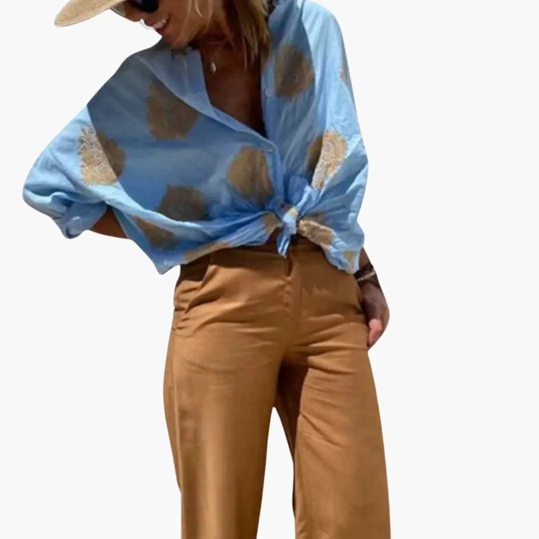 Blusa Estampada de Manga Larga Mujer Escote V