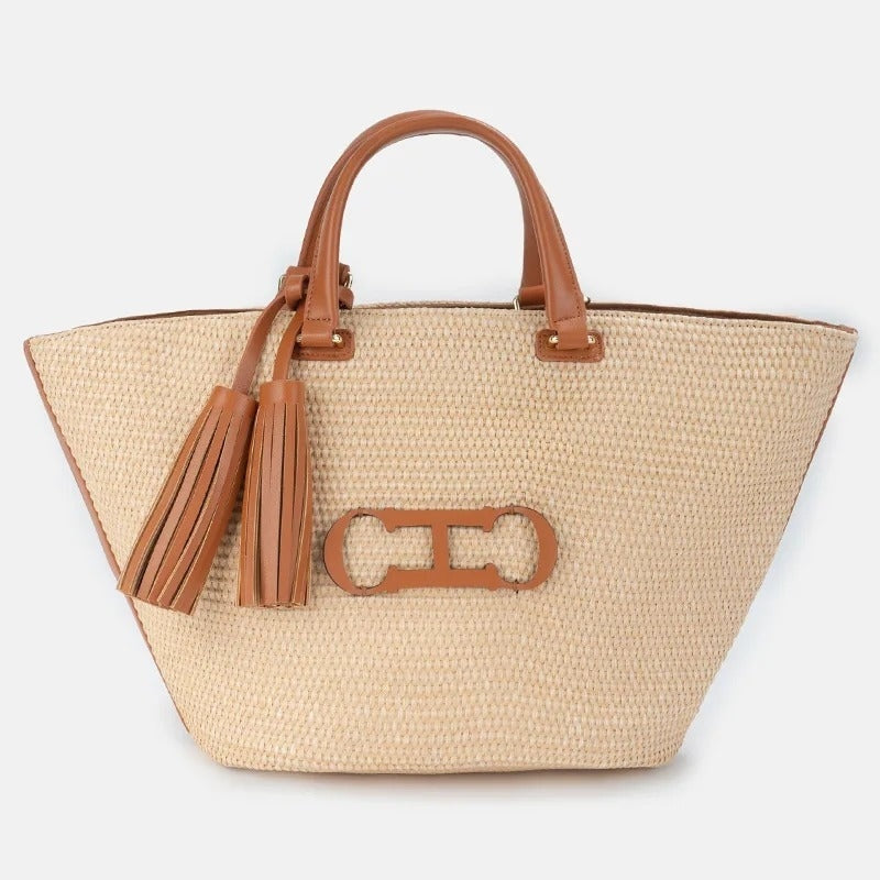 Bolso Shopper Trenzado de Hombro Mujer Borlas
