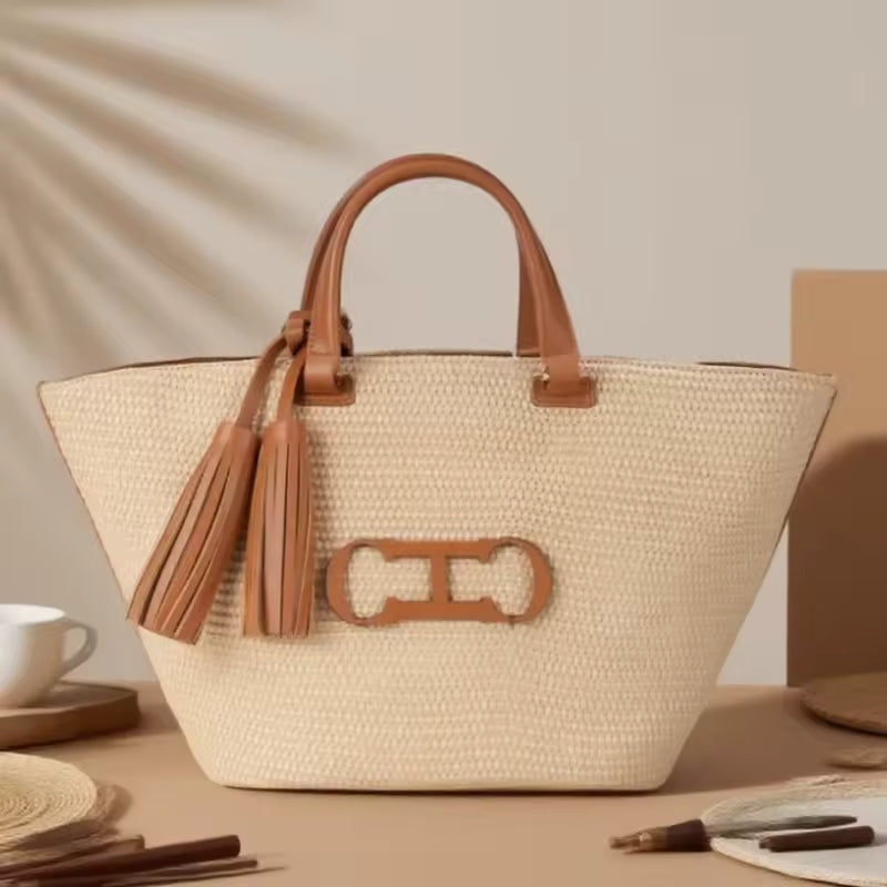 Bolso Shopper Trenzado de Hombro Mujer Borlas