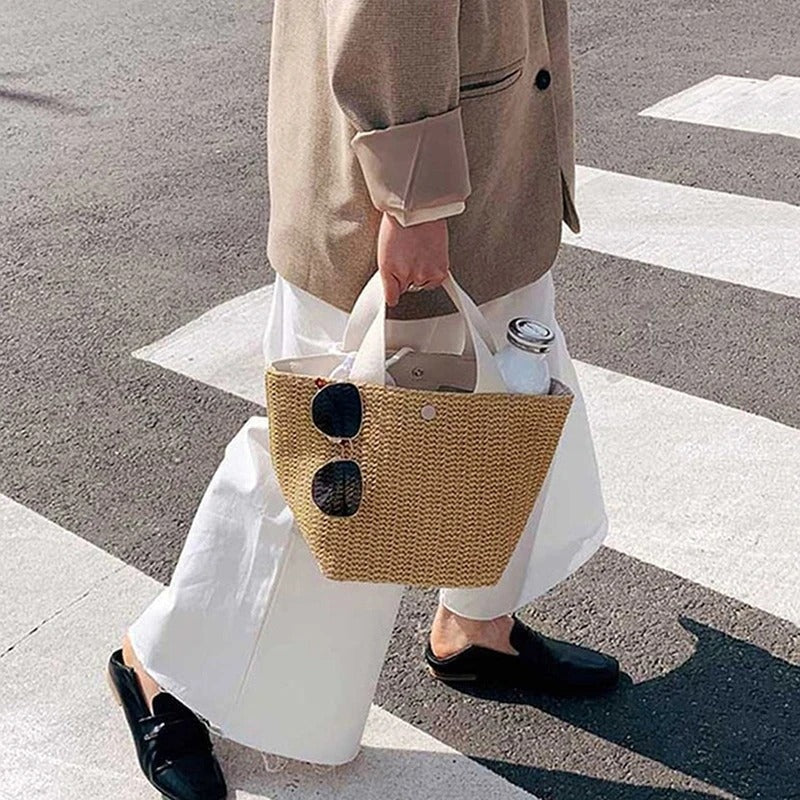 Bolso Shopper Trenzado de Paja Mujer Asa Corta