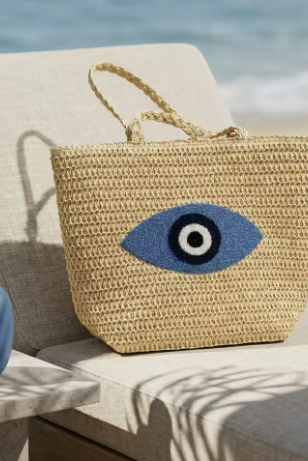 Bolso Tote de Rafia Bordado Ojo Turco Mujer Asas Trenzadas
