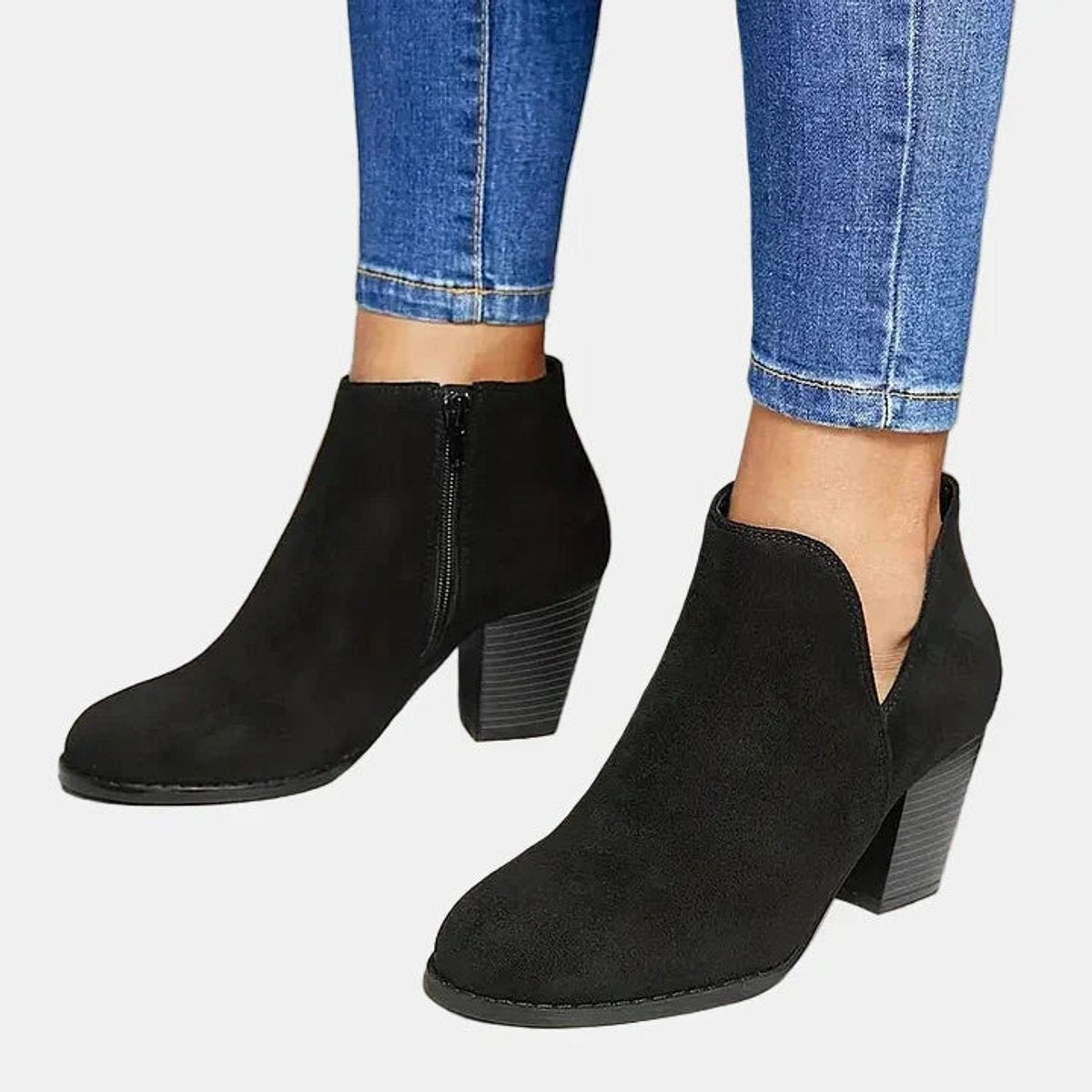 Botines de Ante con Tacón Bloque Mujer Cremallera Lateral