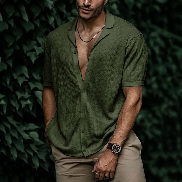 Camisa de Lino de Manga Corta Hombre Cuello Clásico