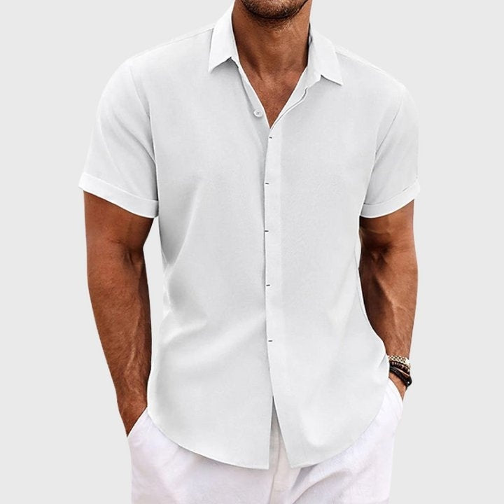 Camisa de Lino de Manga Corta Hombre Cuello Clásico