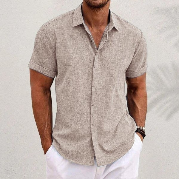 Camisa de Lino de Manga Corta Hombre Cuello Clásico