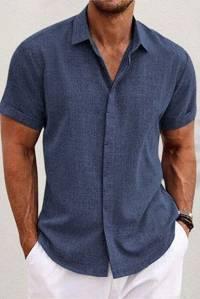 Camisa de Lino de Manga Corta Hombre Cuello Clásico