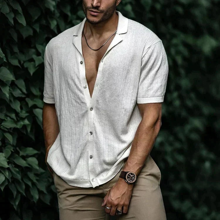 Camisa de Lino de Manga Corta Hombre Cuello Clásico