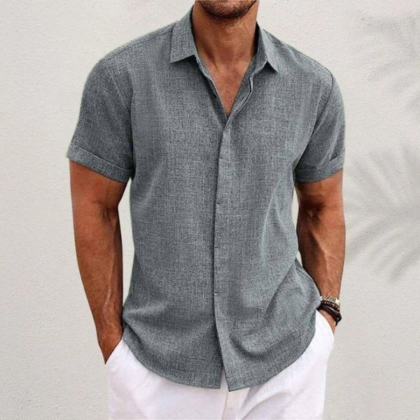 Camisa de Lino de Manga Corta Hombre Cuello Clásico