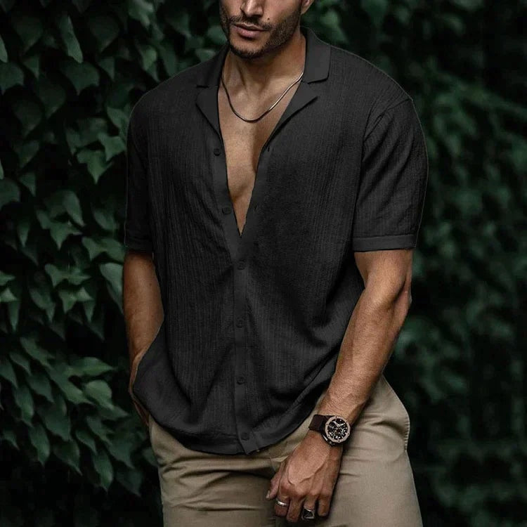 Camisa de Lino de Manga Corta Hombre Cuello Clásico