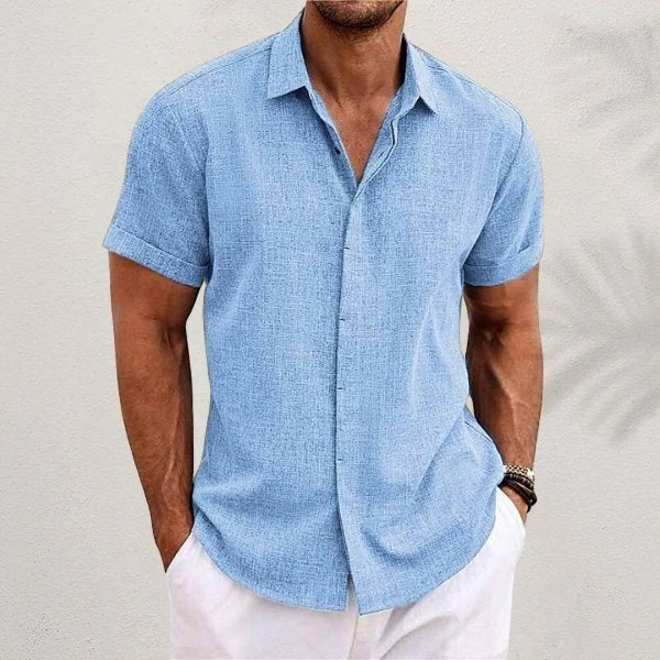 Camisa de Lino de Manga Corta Hombre Cuello Clásico