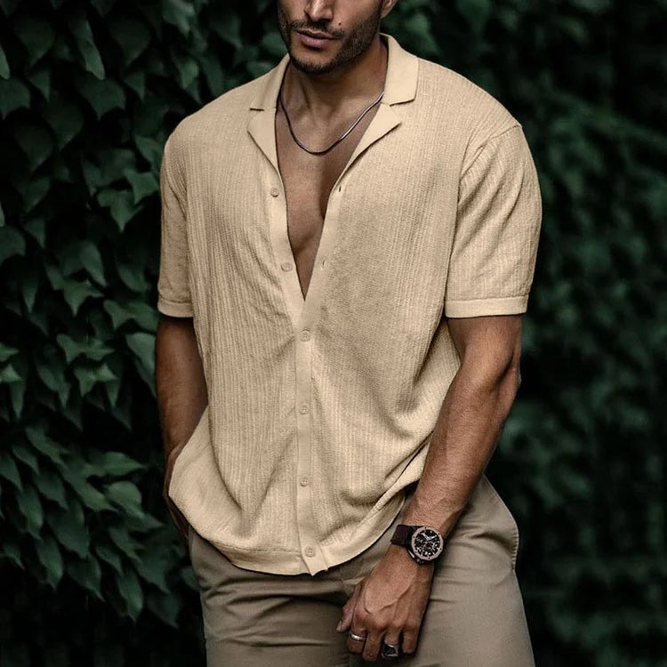 Camisa de Lino de Manga Corta Hombre Cuello Clásico