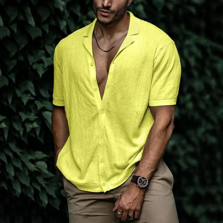 Camisa de Lino de Manga Corta Hombre Cuello Clásico
