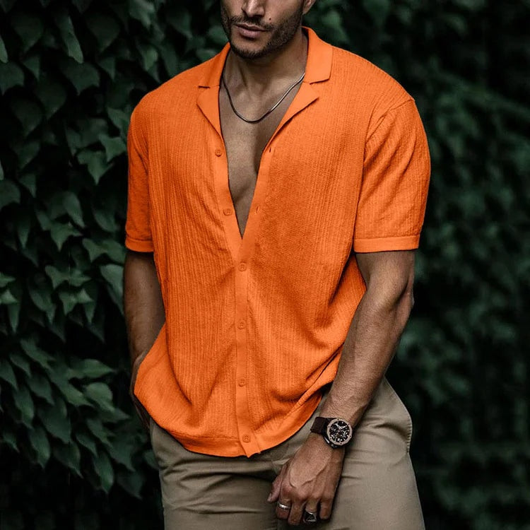 Camisa de Lino de Manga Corta Hombre Cuello Clásico
