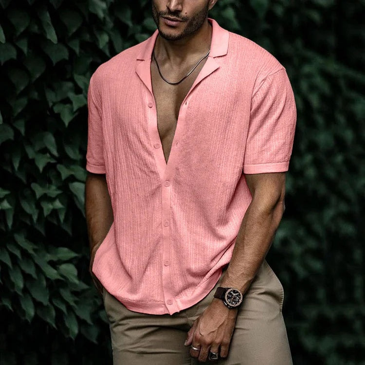 Camisa de Lino de Manga Corta Hombre Cuello Clásico
