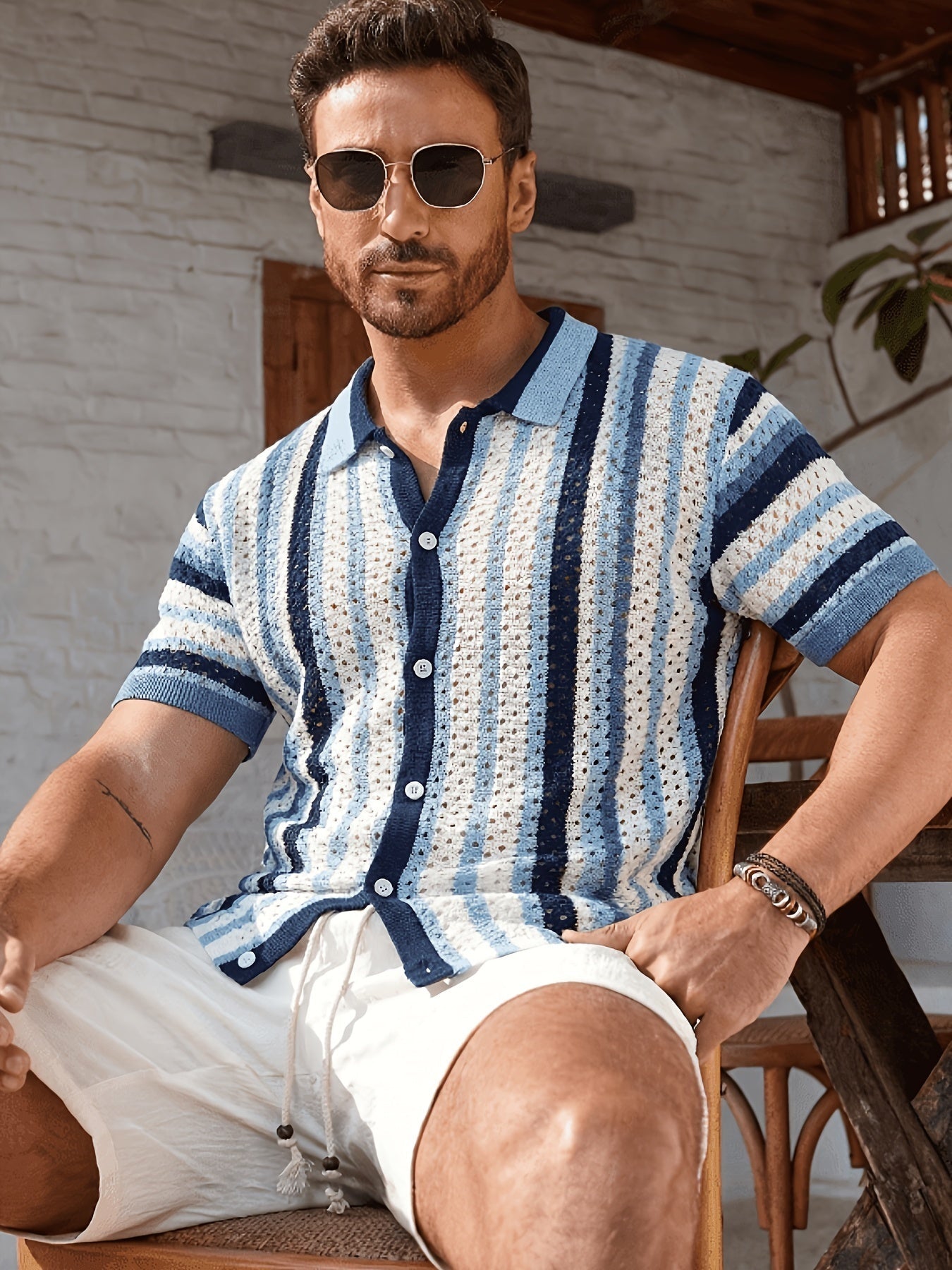 Camisa de Punto Estampada Rayas Hombre Cuello Polo