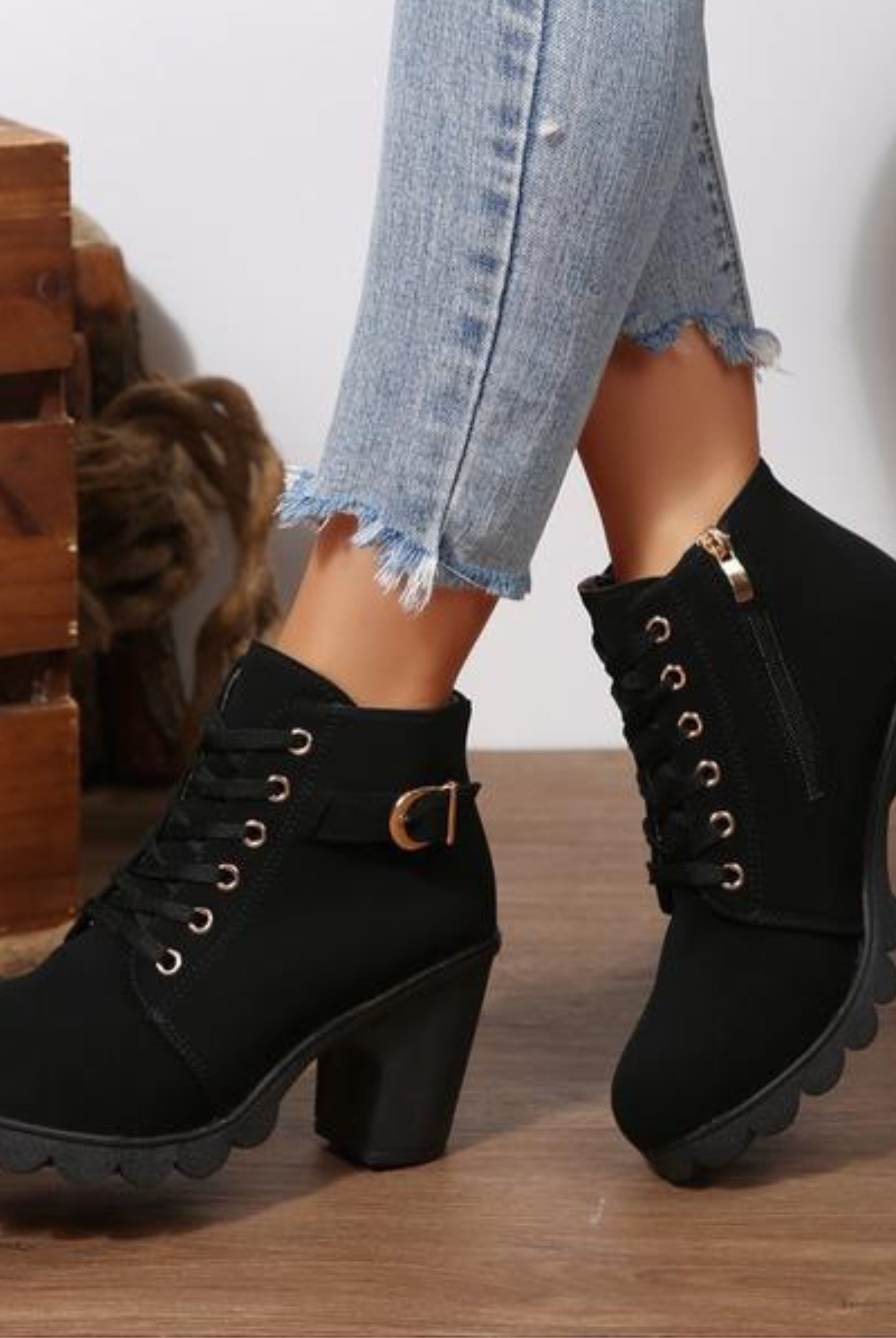 Candela | Botines con Cordones Mujer Tacón Bloque Hebilla